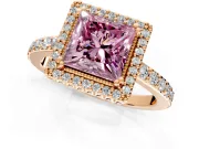 Halo Engagement Ring Setting for Fancy Pink Princess Cut Center with Inner Milgrain Border and Prong Head in Rose Gold