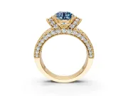 Pave Engagement Ring Setting for Fancy Blue Round Cut Center with Curved Accent Rows, Openwork and Prong Head in Yellow Gold