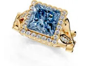 Halo Engagement Ring Setting for Fancy Blue Princess Cut Center with Leaf Motif Split Shank and Prong Head in Yellow Gold