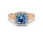 Halo Engagement Ring Setting for Fancy Blue Cushion Cut Center with Knife Ridge Cathedral Band and Prong Head in Rose Gold