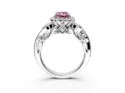 Milgrain Halo Engagement Ring Setting for Fancy Pink Radiant Cut Center with Shoulder Bezels and Prong Head in Platinum