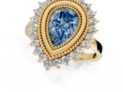 Halo Engagement Ring Setting for Fancy Blue Pear-Shaped Center with Milgrain Bezel Rim, Plain Band and Prong Head in Yellow Gold