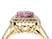 Double Halo Engagement Ring Setting for Fancy Pink Princess Cut Center with Narrow Pave Split Shank and Prong Head in Yellow Gold