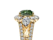 Halo Engagement Ring Setting for Fancy Green Cushion Cut Center with Two-Strand Split Shank and Prong Head in Yellow Gold
