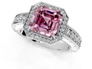 Milgrain Halo Engagement Ring Setting for Fancy Pink Asscher Cut Center with Pave Band and Prong Head in White Gold