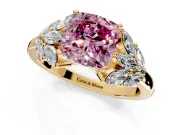 Leaf Cluster Engagement Ring Setting for Fancy Pink Cushion Cut Center with Marquise Accents and Prong Head in Yellow Gold