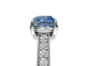 Solitaire Engagement Ring Setting for Fancy Blue Cushion Cut Center with Milgrain-Framed Pave Band and Prong Head in Platinum
