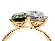 Fancy Green Emerald Cut and Emerald Cut Lab-Grown Diamond Toi et Moi Engagement Ring with Prong-Set Stones in Yellow Gold