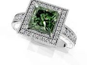 Milgrain Halo Engagement Ring Setting for Fancy Green Princess Cut Center with Pave Band and Prong Head in Platinum