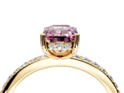 Solitaire Engagement Ring Setting for Fancy Pink Emerald Cut Center with Fine Pave Band and Prong Head in Yellow Gold