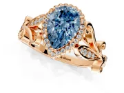 Halo Engagement Ring Setting for Fancy Blue Pear-Shaped Center with Leaf Motif Split Shank and Prong Head in Rose Gold