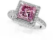 Halo Engagement Ring Setting for Fancy Pink Princess Cut Center with Inner Milgrain Border and Prong Head in White Gold