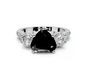 3 Stone Engagement Ring Setting for Fancy Black Heart-Shaped Center with Crossover Basket, Pave Band and Prong Head in Platinum