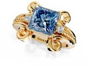 Solitaire Engagement Ring Setting for Fancy Blue Princess Cut Center with Twisted Band and Scroll Prong Head in Yellow Gold