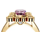 Cluster Halo Engagement Ring Setting for Fancy Pink Emerald Cut Center with Milgrain Bezel Accents and Prong Head in Yellow Gold
