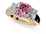 3 Stone Engagement Ring Setting for Fancy Pink Radiant Cut Center with Raised Basket Heads and Prong Head in Yellow Gold
