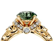 Solitaire Engagement Ring Setting for Fancy Green Round Cut Center with Filigree Band and Prong Head in Yellow Gold