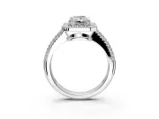 Milgrain Halo Engagement Ring Setting for Radiant Cut Center with Three-Sided Pave Band and Prong Head in White Gold