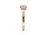 3 Stone Engagement Ring Setting for Fancy Pink Asscher Cut Center with Tapered Baguettes, Plain Band and Prong Head in Yellow Gold