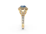 Double Halo Engagement Ring Setting for Fancy Blue Cushion Cut Center with Narrow Pave Split Shank and Prong Head in Yellow Gold