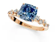 Cluster Engagement Ring Setting for Fancy Blue Cushion Cut Center with Round Cut Accent Band and Prong Head in Rose Gold