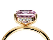 Hidden Halo Engagement Ring Setting for Fancy Pink Asscher Cut Center with Thin Round-Wire Band and Prong Head in Yellow Gold