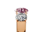 3 Stone Engagement Ring Setting for Fancy Pink Round Cut Center with Raised Basket Heads and Prong Head in Rose Gold