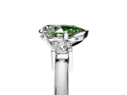 3 Stone Engagement Ring Setting for Fancy Green Pear-Shaped Center with Wide Plain Band and Prong Head in Platinum