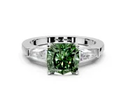 3 Stone Engagement Ring Setting for Fancy Green Cushion Cut Center with Tapered Baguettes, Plain Band and Prong Head in Platinum