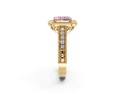 Milgrain Halo Engagement Ring Setting for Fancy Pink Radiant Cut Center with Pave Band and Prong Head in Yellow Gold