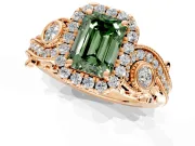 Milgrain Halo Engagement Ring Setting for Fancy Green Emerald Cut Center with Shoulder Bezels and Prong Head in Rose Gold