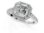 Halo Engagement Ring Setting for Asscher Cut Center with Narrowing Pave Band and Prong Head in Sterling Silver