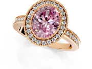 Halo Engagement Ring Setting for Fancy Pink Oval Center with Milgrain Halo, Pave Band and Prong Head in Rose Gold