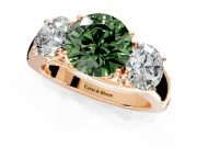 3 Stone Engagement Ring Setting for Fancy Green Round Cut Center with Raised Basket Heads and Prong Head in Rose Gold