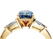 3 Stone Engagement Ring Setting for Fancy Blue Emerald Cut Center with Channel Baguette Accents and Prong Head in Yellow Gold