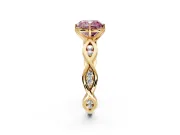 Solitaire Engagement Ring Setting for Fancy Pink Cushion Cut Center with Accented Twist Band and Leaf Prong Head in Yellow Gold