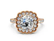 Milgrain Floral Halo Engagement Ring Setting for Cushion Cut Center with Pave Band and Prong Head in Rose Gold