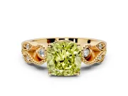 Leaf Engagement Ring Setting for Fancy Yellow Cushion Cut Center with Milgrain Accent Band and Prong Head in Yellow Gold