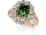 Large Accent Halo Engagement Ring Setting for Fancy Green Radiant Cut Center with Pave Split Shank and Prong Head in Rose Gold