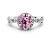 Vintage Station Engagement Ring Setting for Fancy Pink Round Cut Center with Accents and Prong Head in Sterling Silver