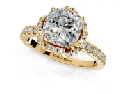 Halo Engagement Ring Setting for Cushion Cut Center with Openwork Halo, Pave Band and Prong Head in Yellow Gold