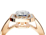 Bezel-Framed Halo Engagement Ring Setting for Radiant Cut Center with Pave Band and Prong Head in Rose Gold