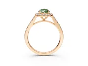 Halo Engagement Ring Setting for Fancy Green Pear-Shaped Center with Narrowing Pave Band and Prong Head in Rose Gold