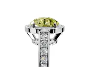 Bezel-Framed Halo Engagement Ring Setting for Fancy Yellow Round Cut Center with Pave Band and Prong Head in White Gold