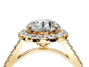 Halo Engagement Ring Setting for Round Cut Center with Narrowing Pave Band and Prong Head in Yellow Gold