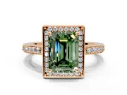 Halo Engagement Ring Setting for Fancy Green Emerald Cut Center with Metal-Rimmed Halo, Pave Band and Prong Head in Rose Gold