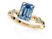 Solitaire Engagement Ring Setting for Fancy Blue Emerald Cut Center with Beaded Bezel Station Band and Prong Head in Yellow Gold