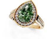 Halo Engagement Ring Setting for Fancy Green Pear-Shaped Center with Outer Bezel Rim, Pave Band and Prong Head in Yellow Gold