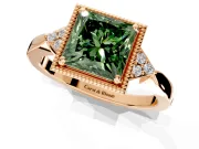 Cluster Engagement Ring Setting for Fancy Green Princess Cut Center with Milgrain Shoulder Clusters and Prong Head in Rose Gold