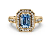 Milgrain Halo Engagement Ring Setting for Fancy Blue Emerald Cut Center with Pave Band and Prong Head in Yellow Gold